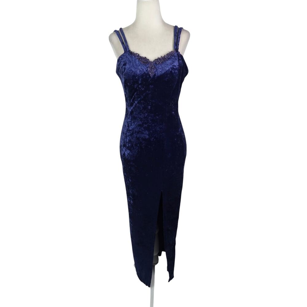 Vintage 90s Frederick's of Hollywood Blue Crushed Velvet Midi Cocktail Dress M